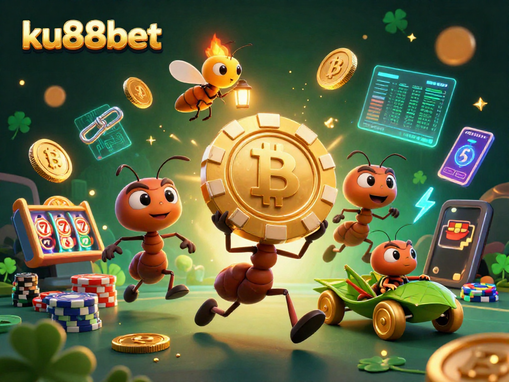 ku88bet's animated scene with ants heisting a golden poker chip, evoking excitement in online gambling