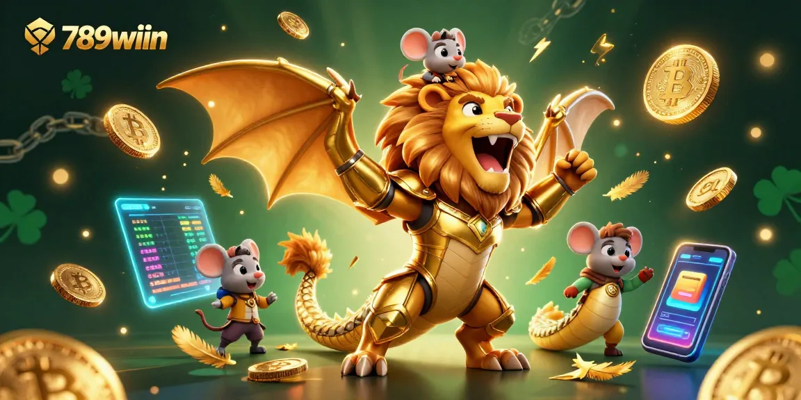 Experience the thrill of gaming at 789wiin with a golden chimera and cryptocurrency elements.