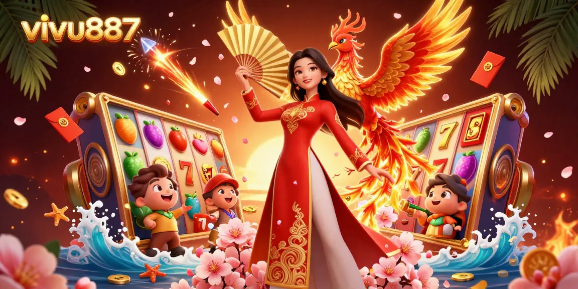 Experience excitement with vivu887's vibrant slot games showcased in a rich 3D casino scene.