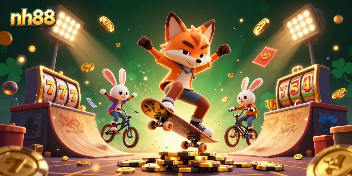 Experience thrilling slots at NH88 with a dynamic 3D casino illustration showcasing fun characters in action.