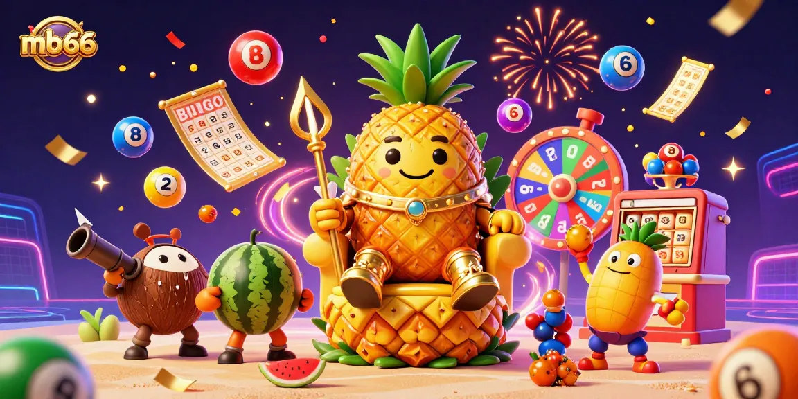 Join the excitement of mb66 with this vibrant beach casino scene featuring a pineapple king, lottery balls, and confetti.