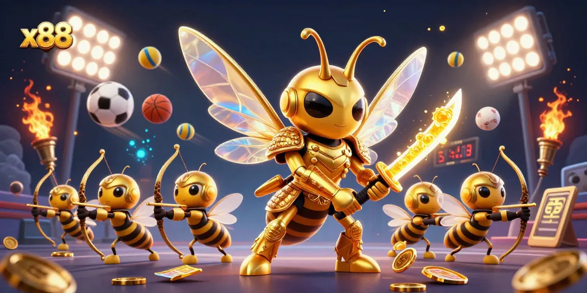 X88 showcases thrilling gameplay with a golden hornet and bee archers in a dynamic casino scene.