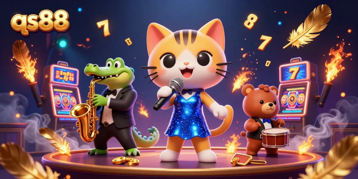 Join the fun at qs88 with a jazz-singer cat, saxophone croc, and drum bear in a vibrant casino.