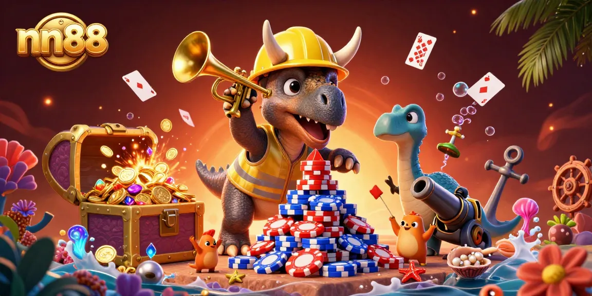 Cheer on nn88's triceratops building poker chip towers in a vibrant 3D casino scene.