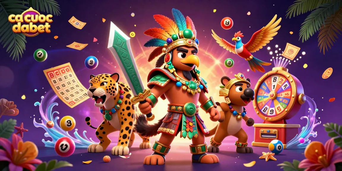 ca cuoc dabet lottery balls and characters celebrating wins in a vibrant casino illustration