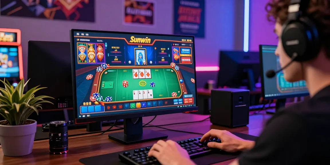 Exciting gameplay experience at Sunwin online casino with vibrant interface, cards, and an engaged player in a lively atmosphere.
