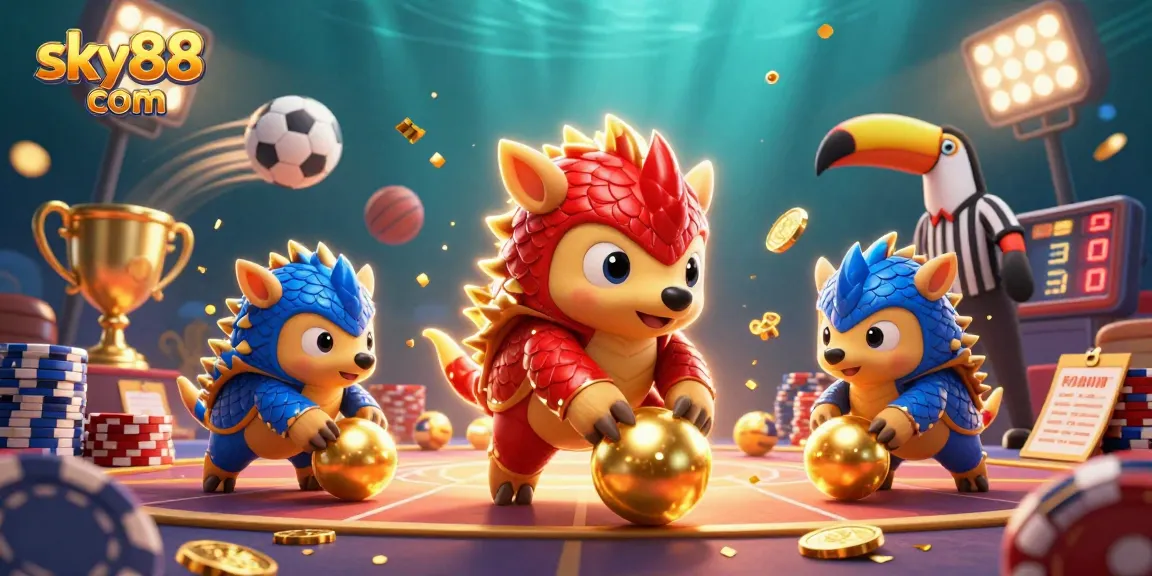 Engage in thrilling gameplay with sky88 com featuring pangolins, poker chips, and golden sports elements.