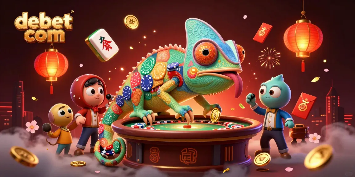 Experience thrilling gameplay with debet com, featuring a vibrant chameleon casino owner amidst 3D action and excitement.