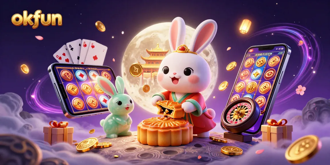 Spin the reels and win with okfun in this vibrant 3D casino scene filled with poker chips and slot games.
