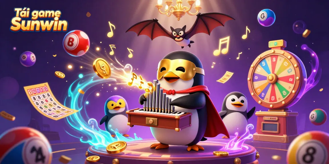 Tải game Sunwin with a thrilling 3D scene featuring a phantom penguin playing an organ amidst festive casino elements.