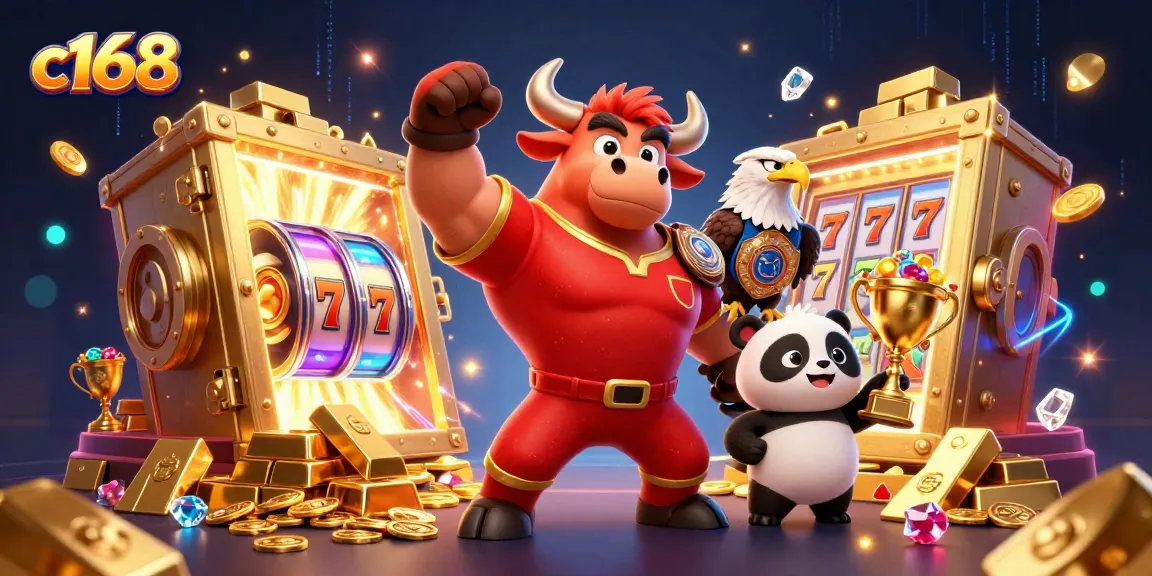C168 players celebrating wins with a muscular bull and eagle surrounded by gold elements in a casino.