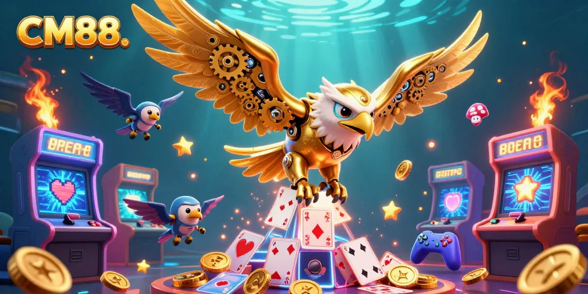 Experience the excitement of CM88 with a cybernetic golden eagle amidst vibrant casino gaming elements.