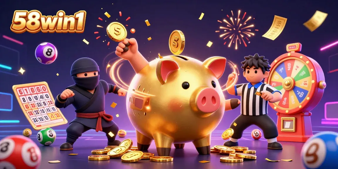 Join the action at 58win1 with a dynamic scene of a sumo wrestler, ninja, and referee amidst a celebration of casino games.