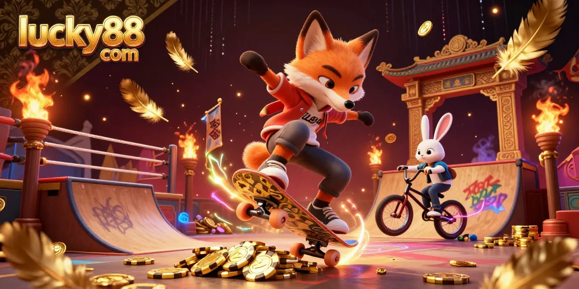 Experience the thrilling action at lucky88 com with a skateboarder fox and BMX rabbit in a vibrant casino scene.