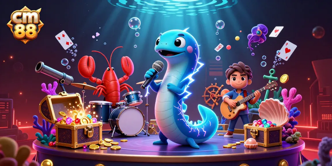 Experience the thrill of cm 88 with an electric eel DJ, vibrant underwater casino scene bursting with excitement.