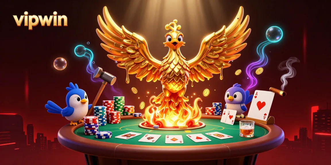 Experience the excitement of vipwin with a dynamic 3D illustration of casino elements and a golden phoenix.