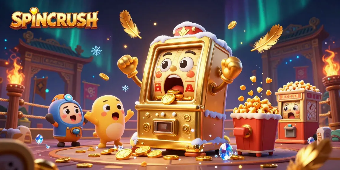 SpinCRUSH golden slot machine hits jackpot, coins pouring, exciting casino scene.
