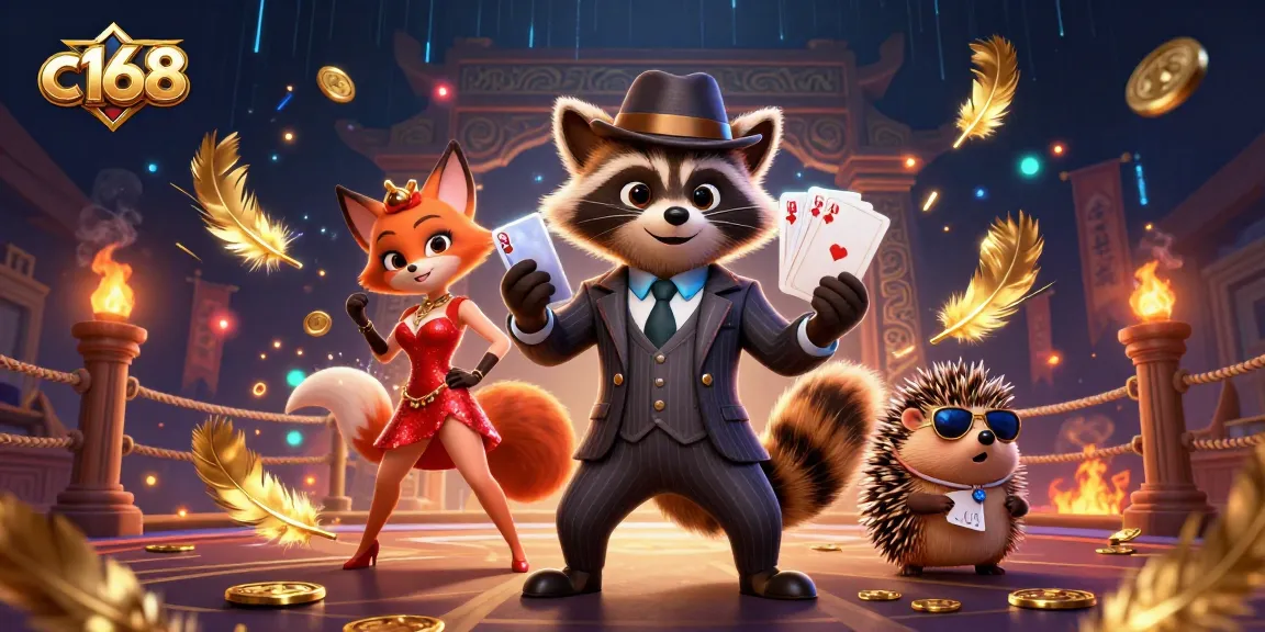 C168 raccoon in suit holds a royal flush surrounded by casino elements and vibrant visuals.