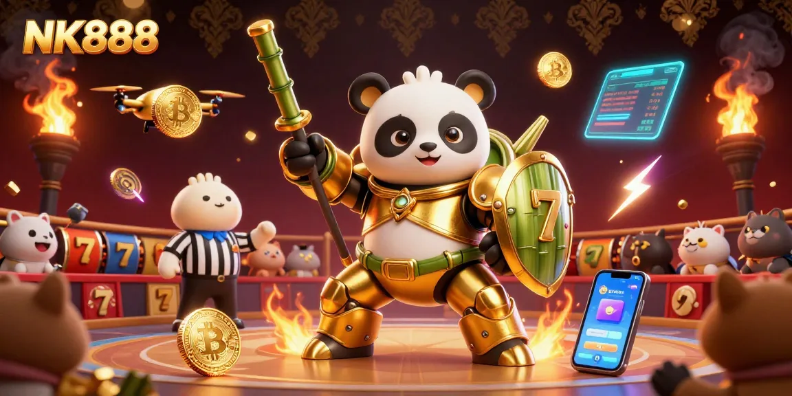 Engage in thrilling gameplay with NK888's vibrant 3D illustration of a golden panda in a mech-suit, battling in a casino arena.