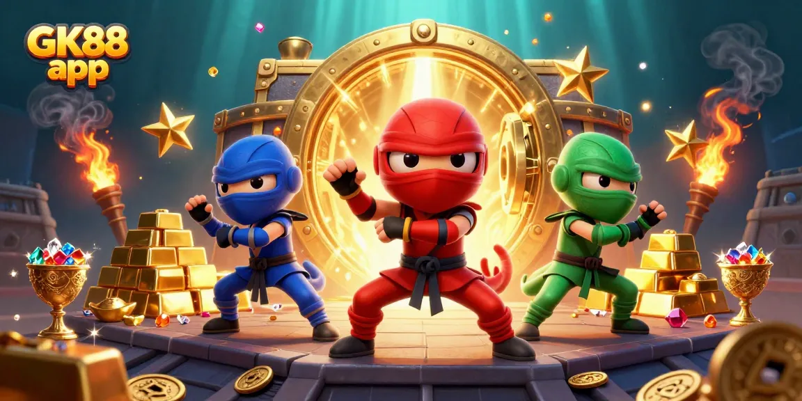 Experience the GK88 app with dynamic 3D ninja chameleons amidst dazzling casino treasures.
