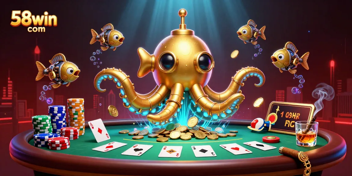 Play poker and win big at 58win com with vibrant underwater casino illustration.