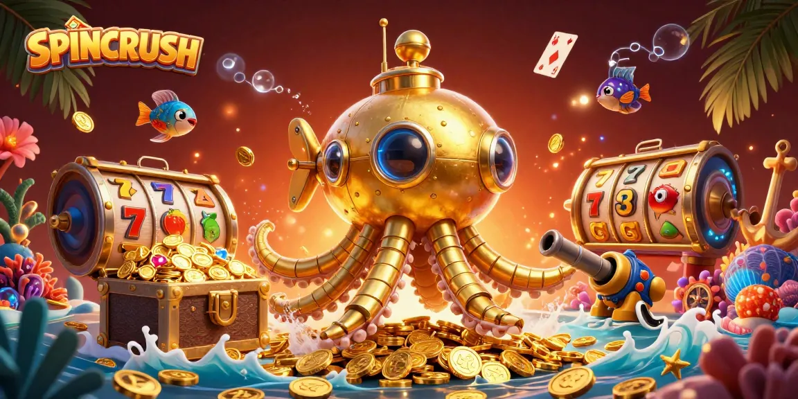 Engage with SPINCRUSH in a dynamic underwater casino adventure filled with gold coins and slot elements.