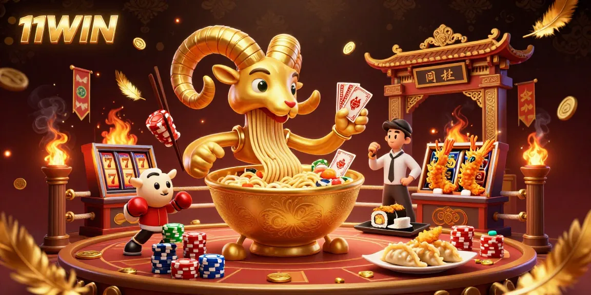 Engage with 11WIN's lively casino action featuring a giant golden ramen bowl and vibrant gambling elements.