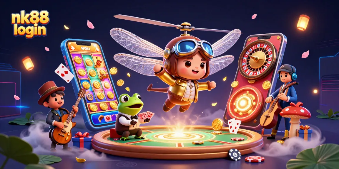 Engage with nk88 login while experiencing a vibrant casino scene filled with action and gaming elements.