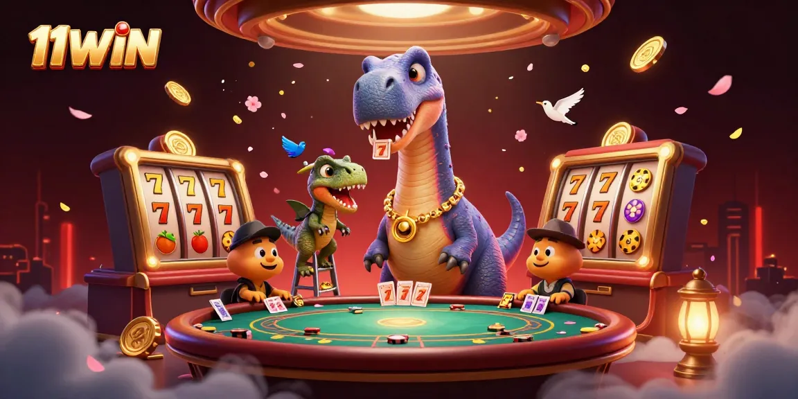 Engage in thrilling poker action at 11WIN with a 3D dinosaur casino illustration.