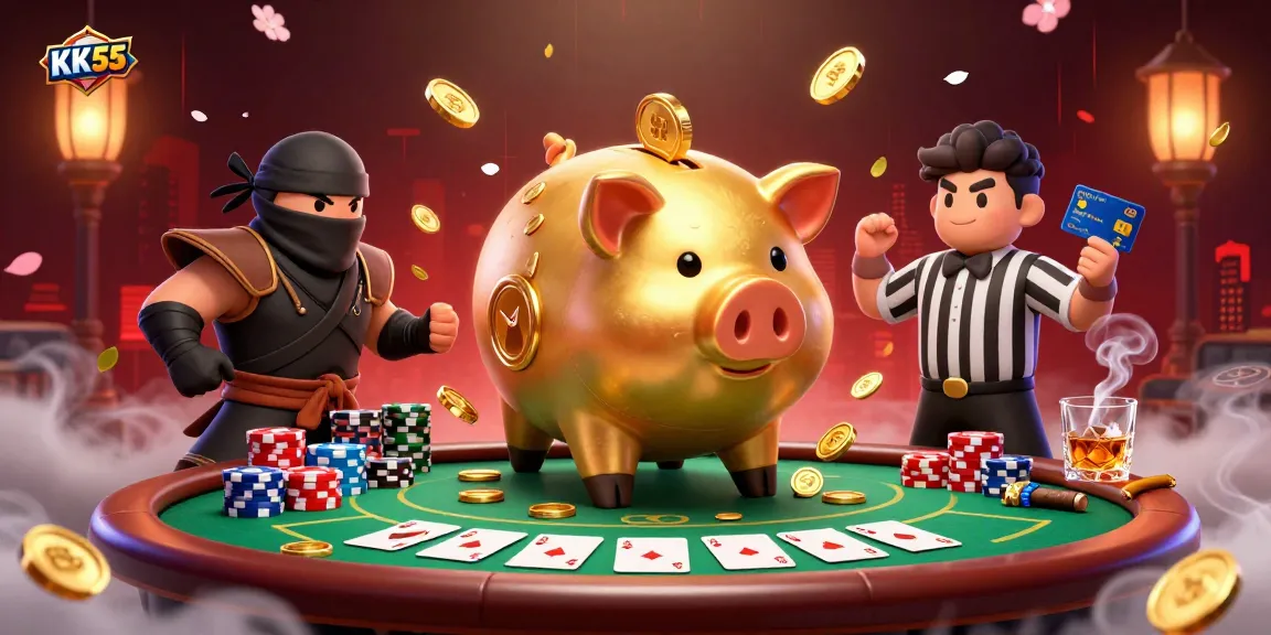Experience the thrilling action of KK55 with golden piggy bank sumo wrestler and gaming elements in a dynamic casino scene.