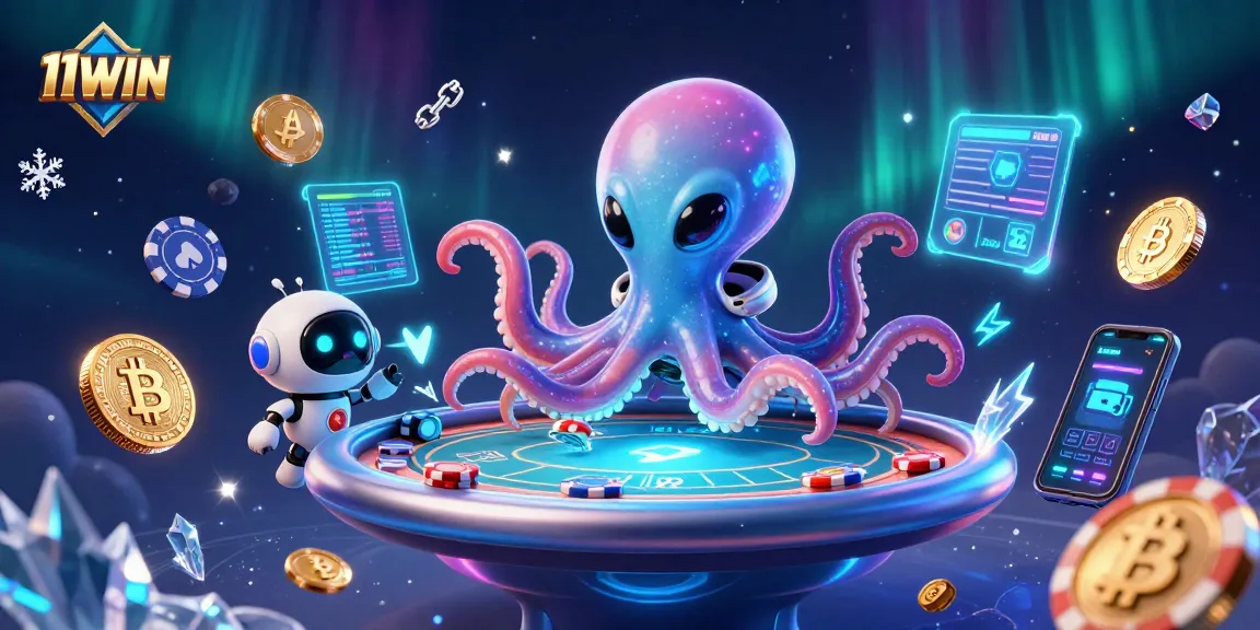 11WIN showcases a 3D cartoon alien octopus playing poker, surrounded by vibrant crypto elements.