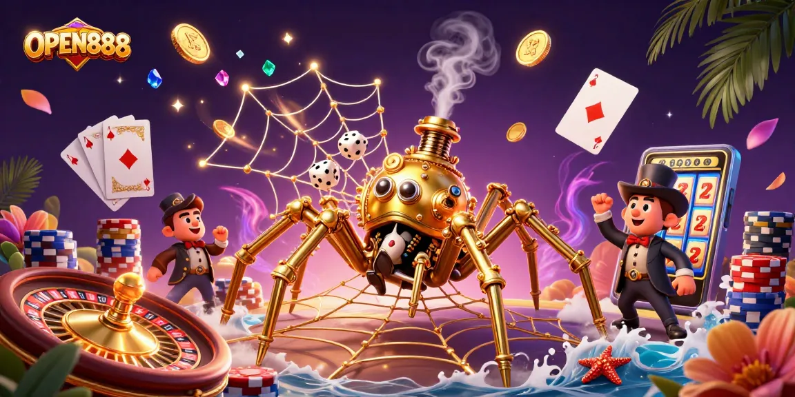 Experience excitement at OPEN888 with a 3D illustration of a steampunk spider catching unlucky dice.