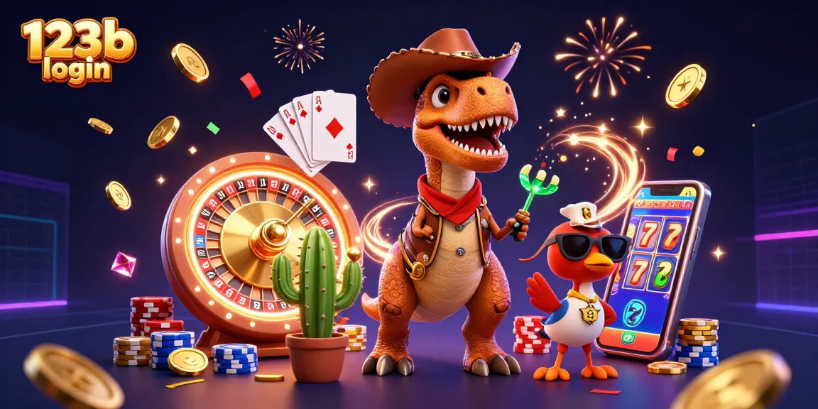 Engage with 123b login as you enjoy this vibrant casino illustration of a cowboy T-Rex and friends.