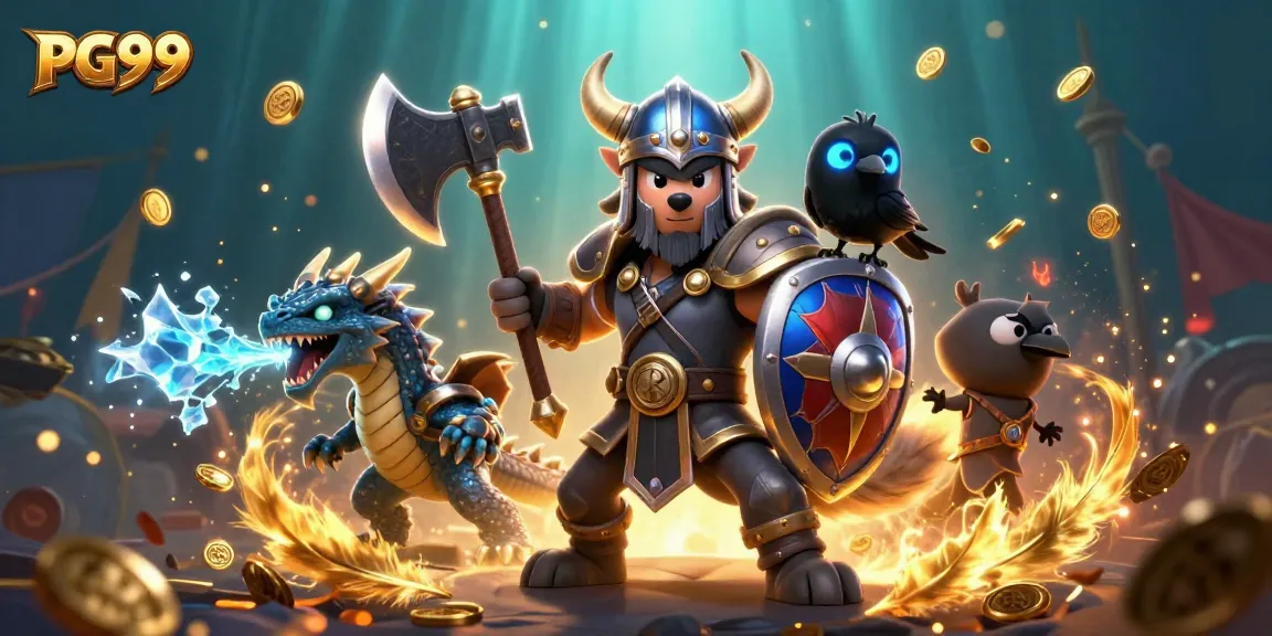 Play exciting PG99 casino games featuring 3D characters and immersive elements like slot reels and gold coins.
