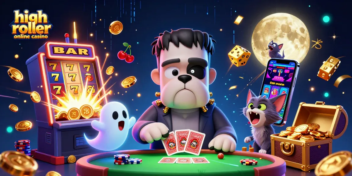 Engage in the high roller online casino atmosphere with a spooky 3D card game scene, vibrant slot elements, and ghostly touches.