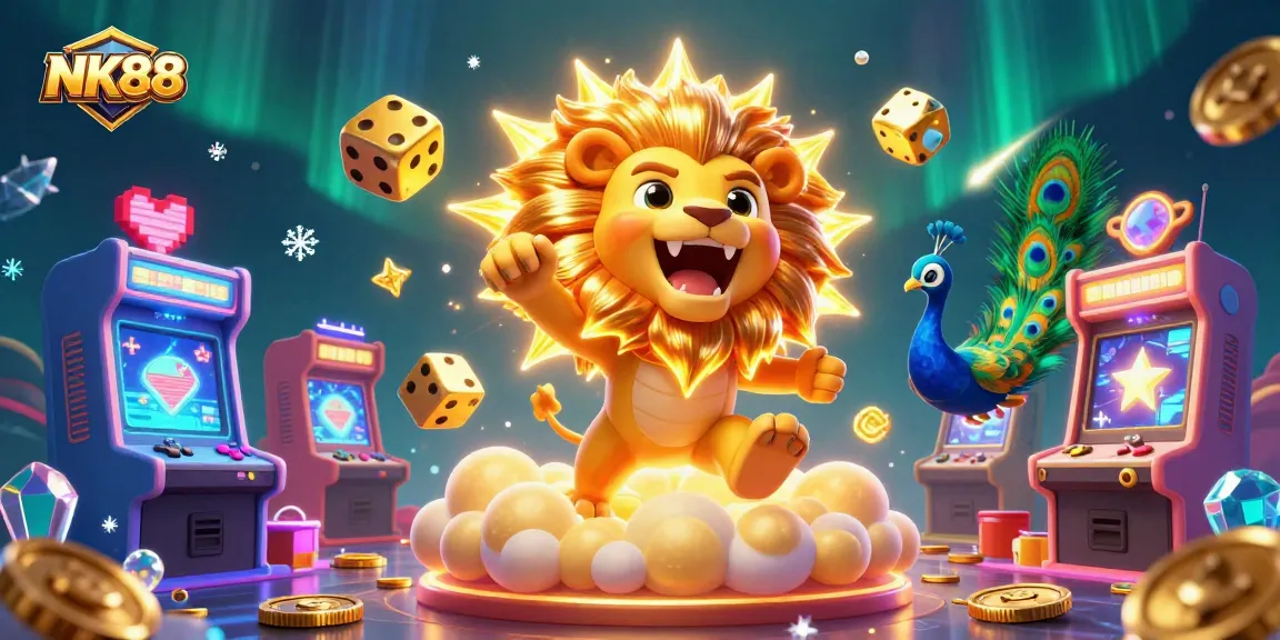 Win big with NK88 as the cartoon sun lion roars above golden dice in exciting casino game illustration.