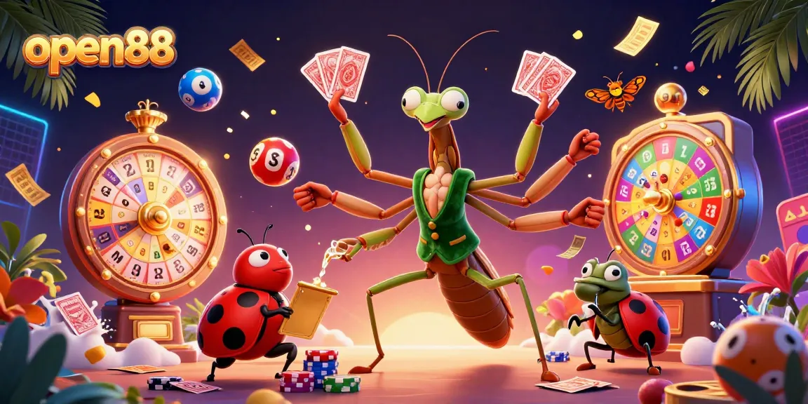 open88 showcases a vibrant casino scene with a giant mantis card sharp and lottery action