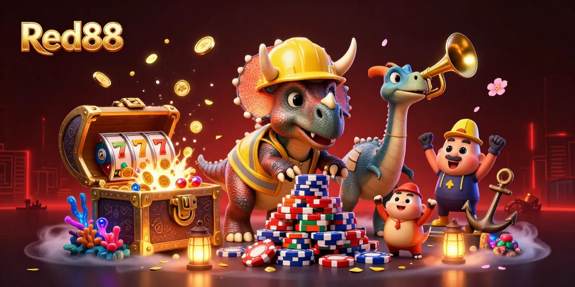 Red88 showcases a lively casino scene with a triceratops building poker chip pyramids, celebrating wins.