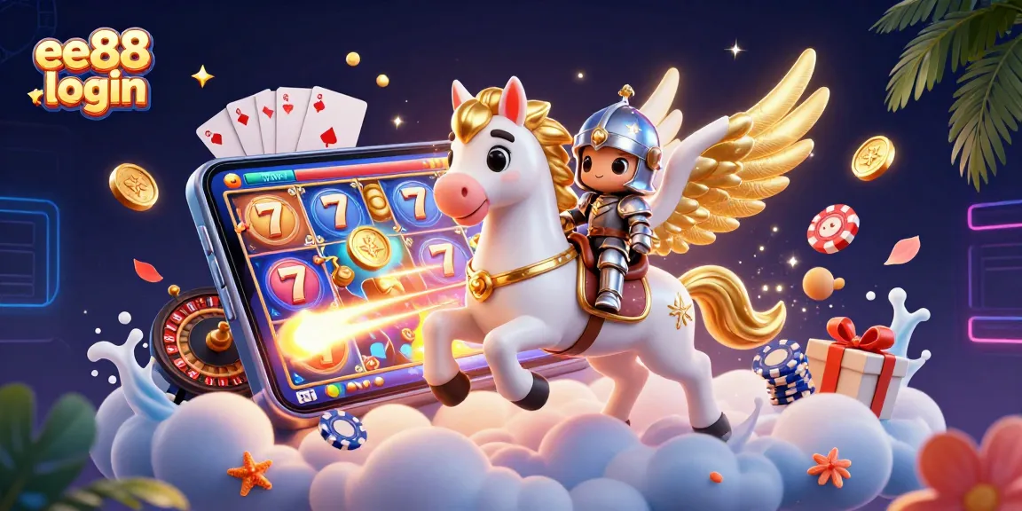 Engage in exciting games at ee88 login with a magical knight on a galactic horse and vibrant casino elements.