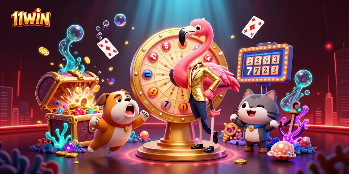 Spin to win with 11WIN in this exciting 3D casino illustration full of vibrant game elements.