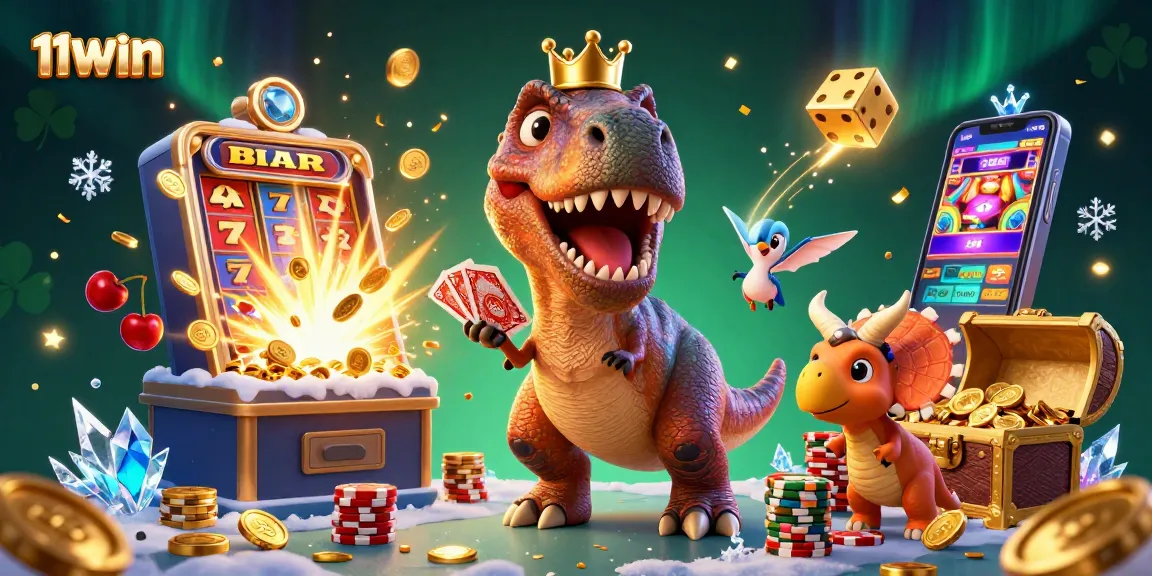 11WIN brings excitement with a T-Rex and friends at a casino jackpot scene.