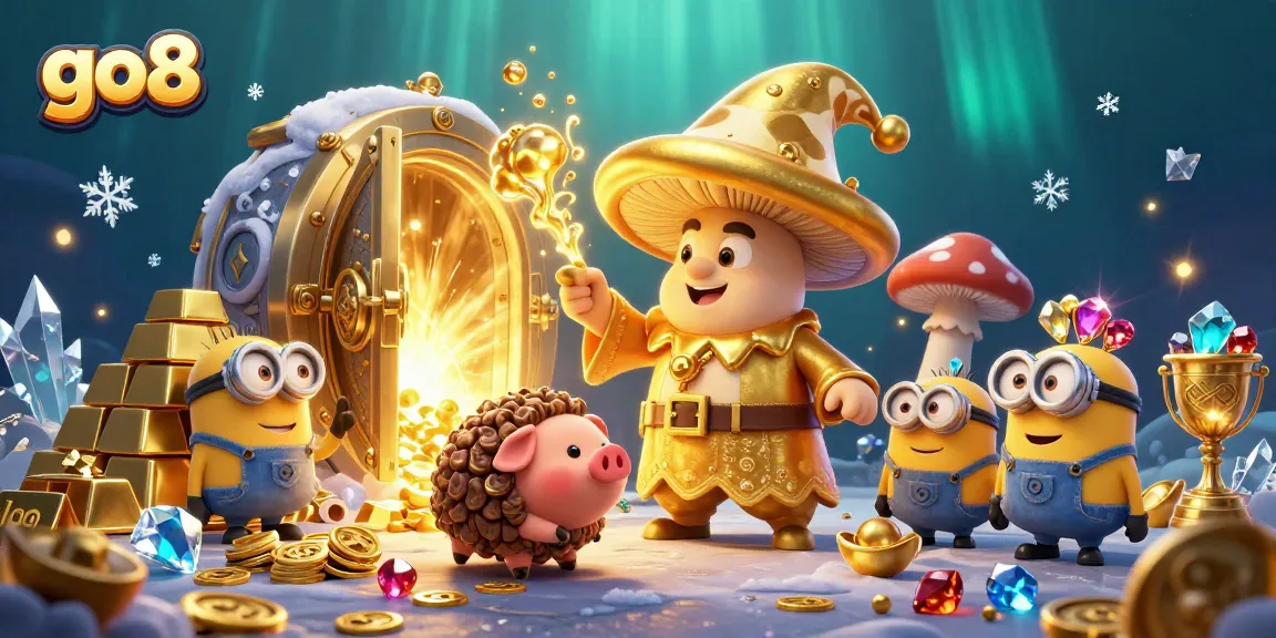 Experience thrilling gameplay at go8 with the golden wizard and treasure-filled scene.
