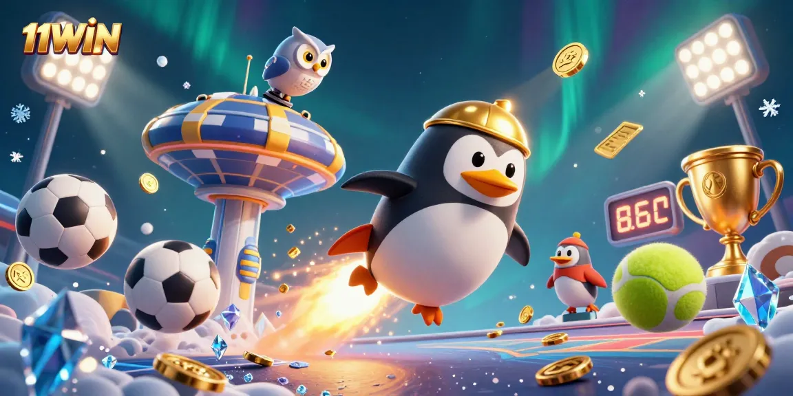 Blast off with 11WIN as a golden penguin surges toward a vibrant casino space station!
