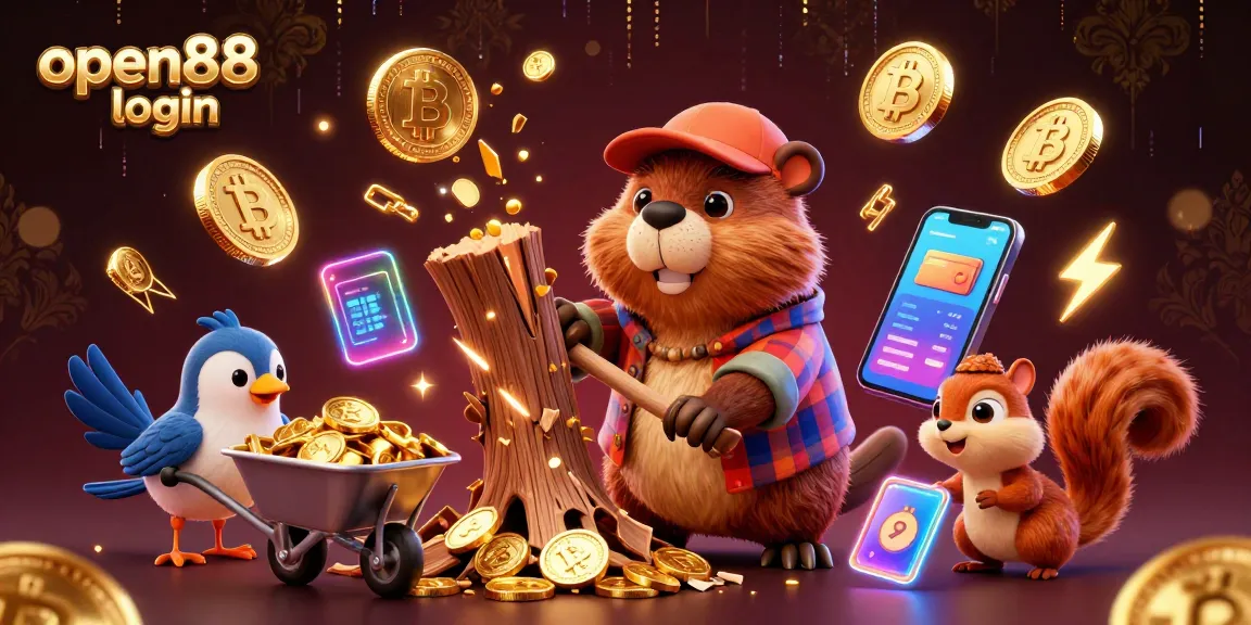 Engage with open88 login for thrilling online gaming experiences amidst golden coins, crypto symbols, and playful characters.