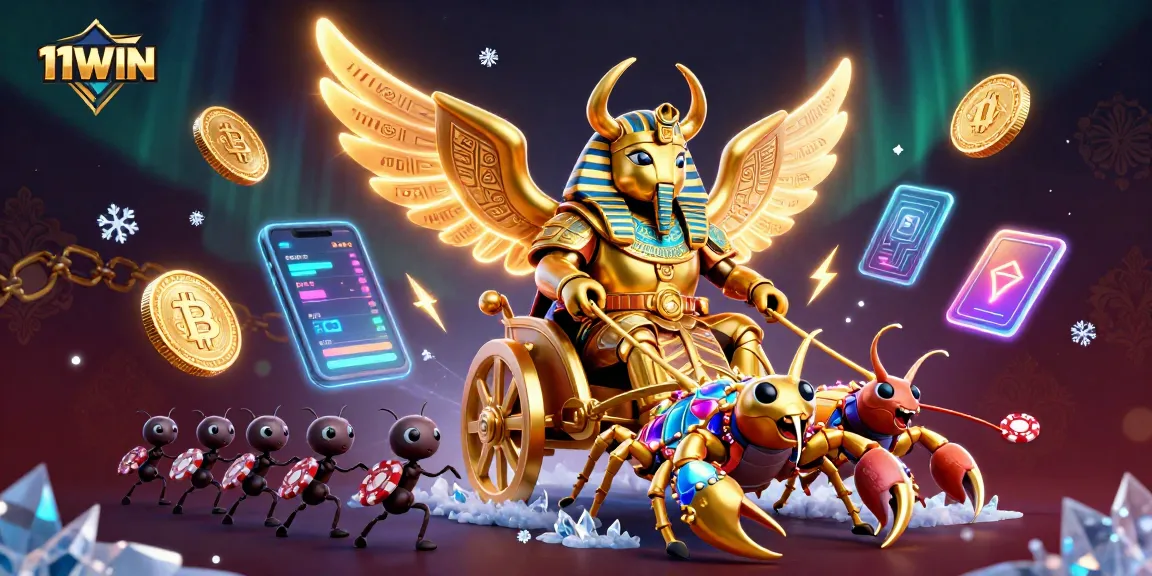 Experience thrilling gaming adventures with the stunning 11WIN casino illustration featuring golden scarabs and crypto elements.