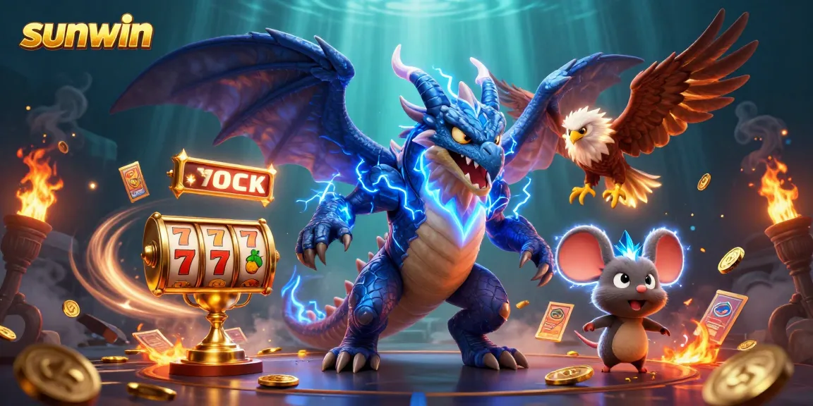 Engage with sunwin's thrilling slots featuring an electric dragon, hawk, and vibrant game elements.