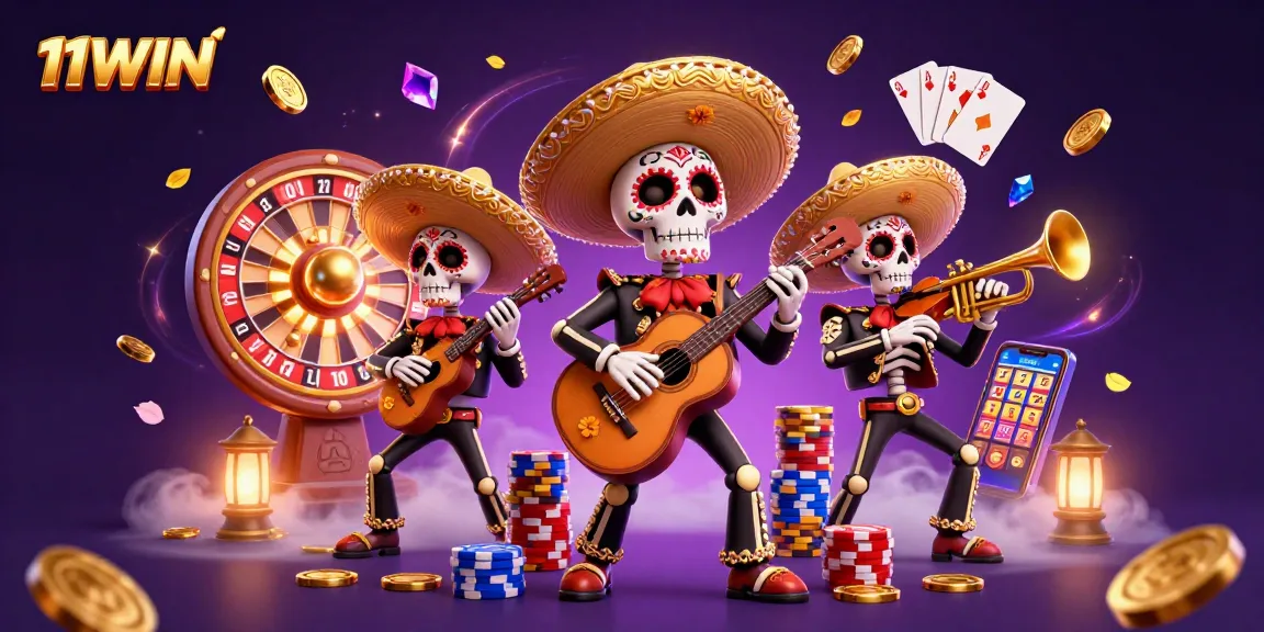 Experience the excitement of 11WIN with a vibrant mariachi band and casino elements in 3D.
