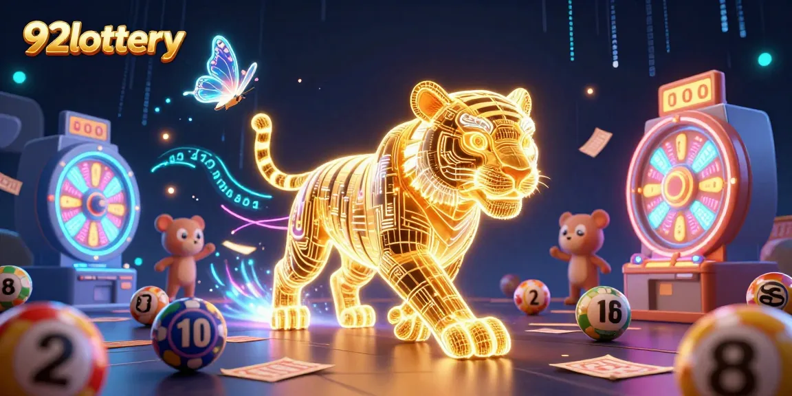 Play and win with 92lottery in this vibrant digital lottery scene featuring golden tiger and holographic elements.