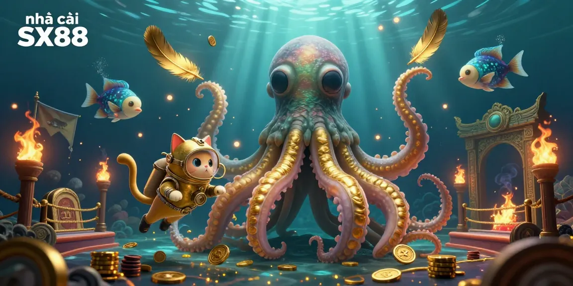 Engage with nhà cái SX88's thrilling atmosphere featuring a kraken, diving cat, and casino elements.