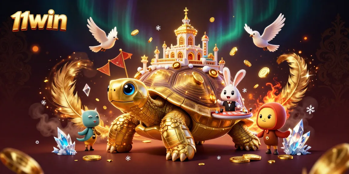 Win big at 11WIN with a golden tortoise casino illustration showcasing vibrant gaming action.